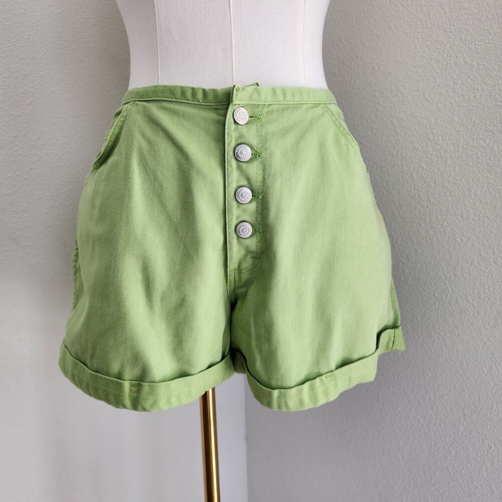 Vintage 80s 90s Lime Green Cotton High Rise Button Fly Mom Shorts Rolled Hem L